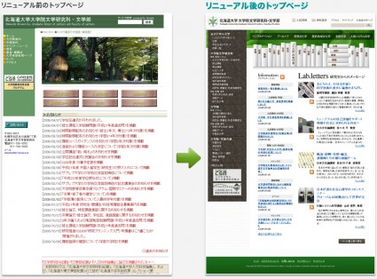 リニューアル前のトップページ（左）とリニューアル後のトップページ（右）